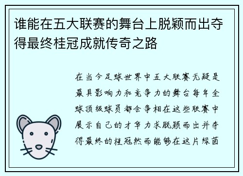 谁能在五大联赛的舞台上脱颖而出夺得最终桂冠成就传奇之路